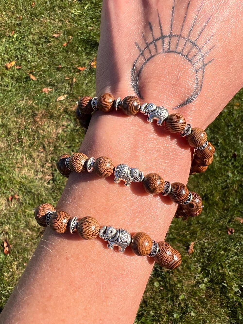 ELEPHANT BRACELET, wood beaded silver charm symbol, Buddhism, Indian culture